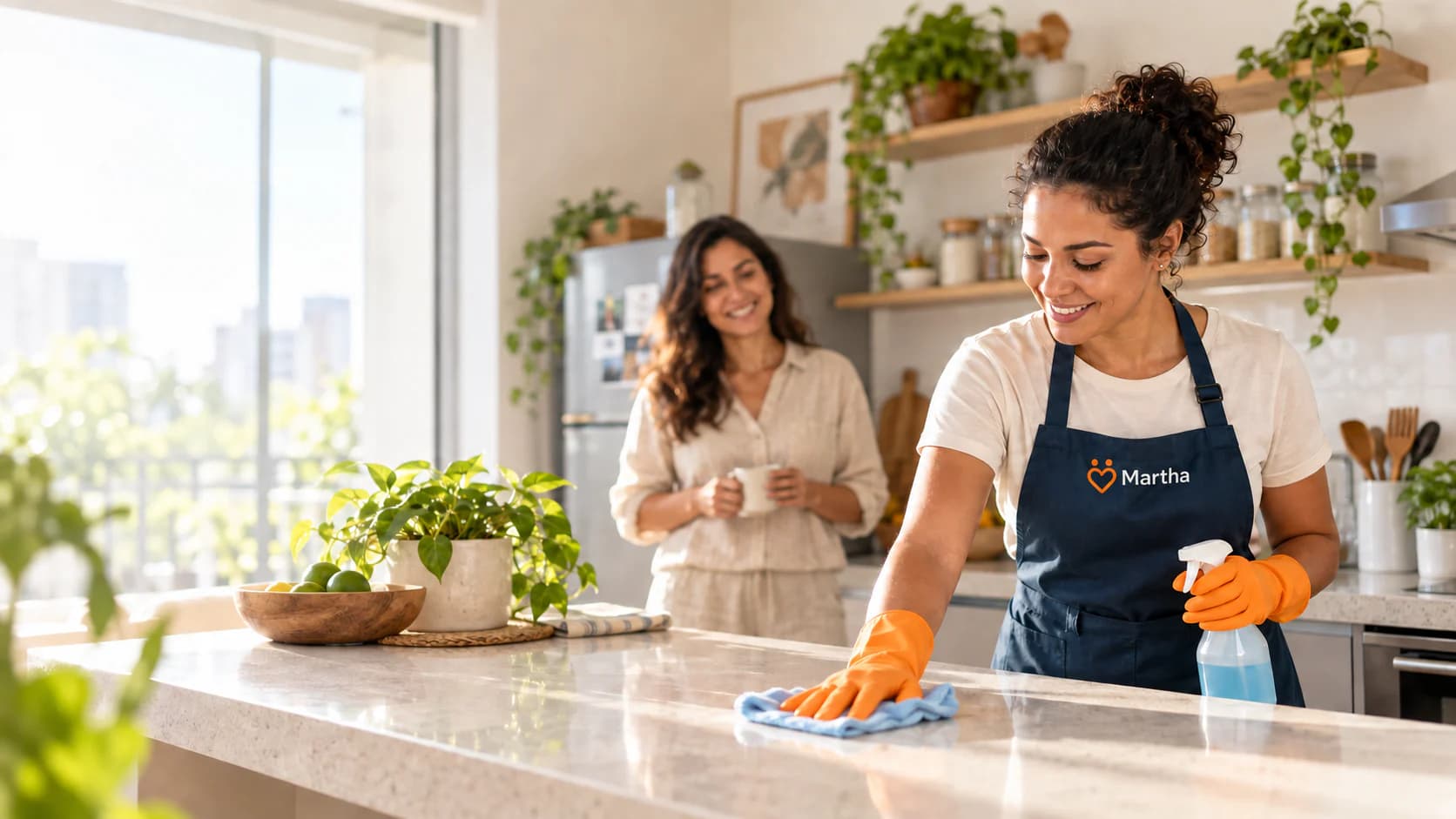 Cena ilustrativa de uma profissional de limpeza trabalhando em uma cozinha
