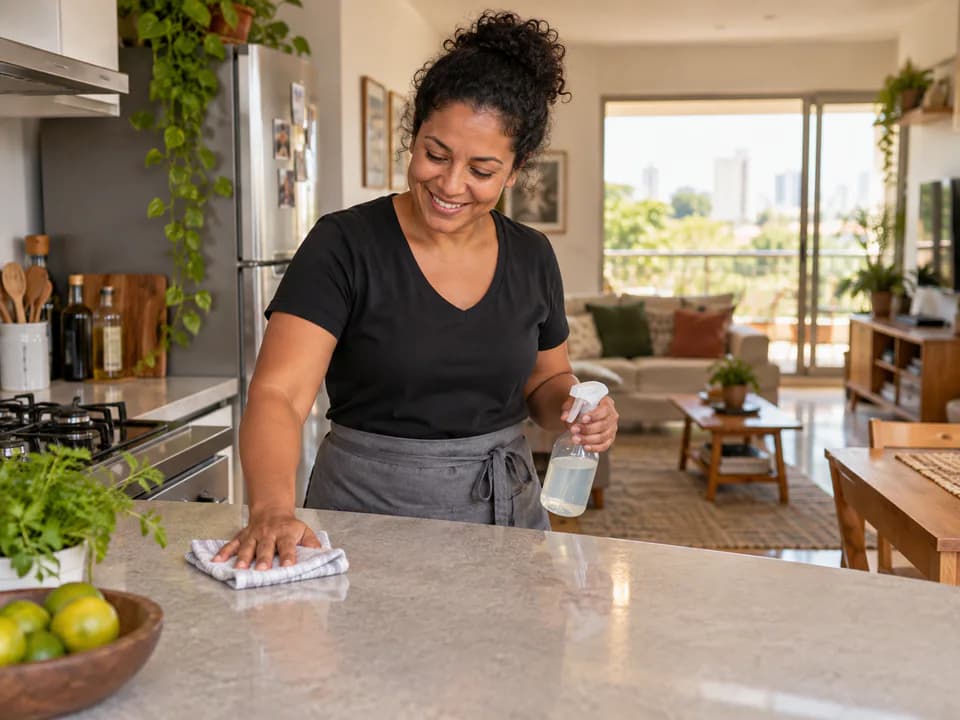 Profissional realizando uma faxina completa em uma cozinha