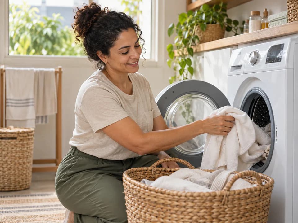 Profissional colocando roupas em uma máquina de lavar